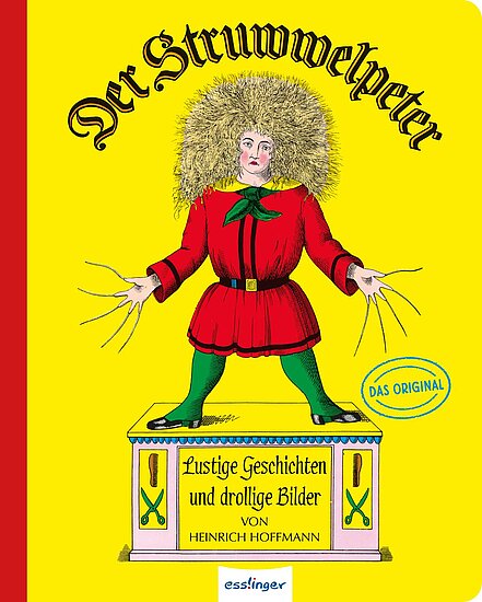 Das Buchcover zeigt eine bunte Abbildung des Struwwelpeters mit vollem, lockigem Haar, der in einem roten Kleid steht. Der Hintergrund ist leuchtend gelb, um den Titel gut hervorzuheben.
