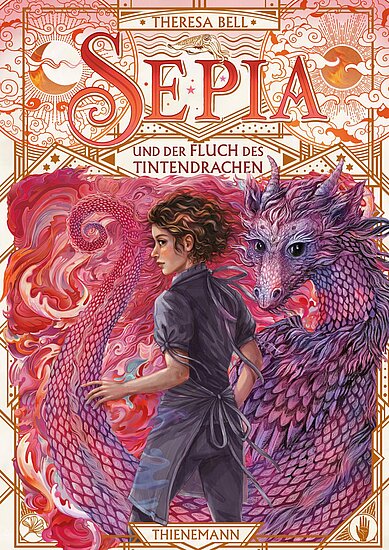 Das Buchcover zeigt eine junge weibliche Figur mit lockigem, braunem Haar, die einen neugierigen Blick hat. Im Hintergrund ist ein großer, lila Drache mit leuchtenden Augen und ein raumgreifender roter Tentakel zu sehen.