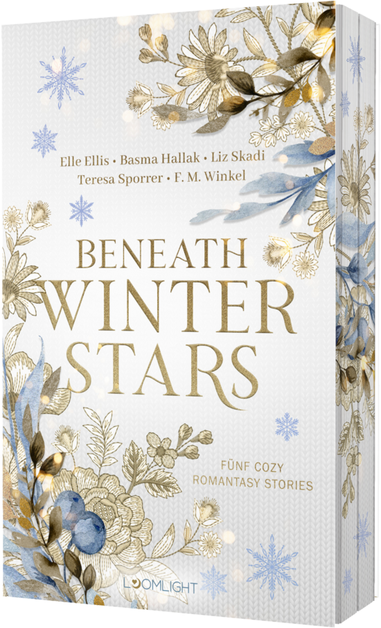 Das Buchcover zeigt ... goldene Blumenornamente, blaue Aquarellblätter und Schneeflocken auf hellem Grund sowie den großen Titel in Gold.