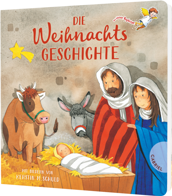 Das Buchcover zeigt ... das Baby in einer Krippe, Maria im blauen Mantel und Josef im roten Gewand, links Kuh und Esel, oben ein gelber Stern.