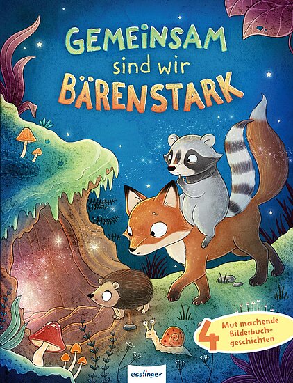 Das Buchcover zeigt eine fantasievolle Waldszene mit einem freundlichen Fuchs, einem Waschbären und einem Igel, die gemeinsam auf einem Weg stehen. Die Farben sind kräftig und bunt, mit einem Nachthimmel voller Sterne und leuchtenden Pilzen im Vordergrund.