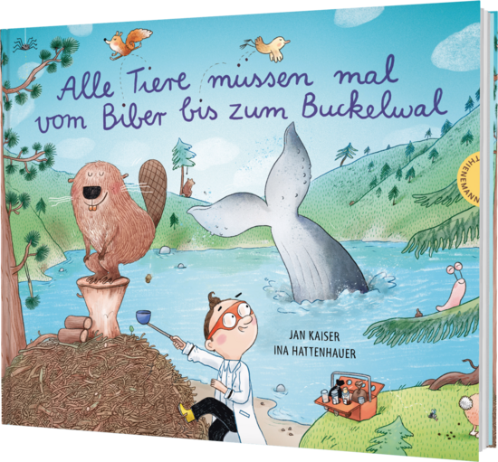 Das Buchcover zeigt eine humorvolle Szene am Wasser mit einem Biber, einem Buckelwal und einem Kind in einem weißen Laborkittel, umgeben von Bäumen. Die Farben sind hell und freundlich, mit blauen und grünen Tönen.
