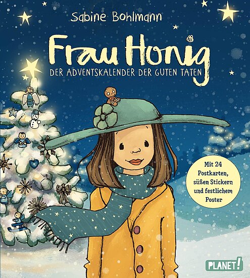 Das Buchcover zeigt eine lächelnde Frau mit braunen Haaren und einem breiten, grünen Hut sowie einem gelben Mantel. Im Hintergrund steht ein geschmückter Weihnachtsbaum unter einem sternenübersäten Himmel.