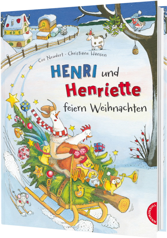 Das Buchcover zeigt eine winterliche Landschaft mit Henri und Henriette, die auf einem Schlitten voller bunter Geschenke durch den Schnee fahren. Umgeben von fröhlichen Tieren und Weihnachtsdekoration erstrahlt die Szene in leuchtenden Farben.