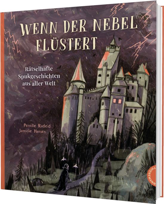 Das Buchcover zeigt eine geheimnisvolle Burg mit Türmen und roten Dächern, umgeben von dunklen Bäumen unter einem nebligen Himmel. Eine Figur steht im Vordergrund und blickt zur Burg.