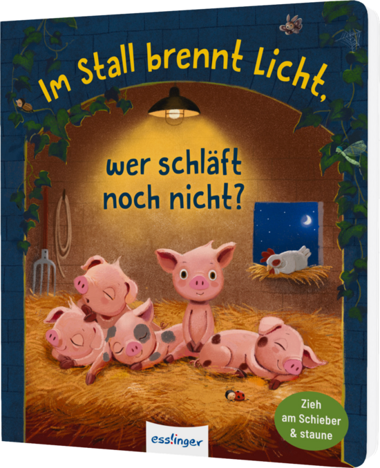 Das Buchcover zeigt einen fröhlichen Stall mit vier niedlichen, schlafenden Schweinchen auf Heu. Über ihnen leuchtet eine Lampe, der Hintergrund ist in dunklem Blau gehalten.