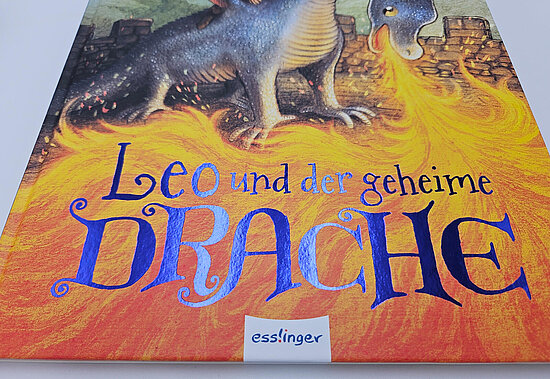 Das Buchcover zeigt vor feuerrotem Hintergrund einen blauen Drachen, der Feuer speit, und den Schriftzug „Leo und der geheime Drache“.