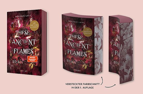 Das Buchcover zeigt einen dunkelrot-violetten Hintergrund mit rauchigen, goldenen Akzenten. Der Titel „These Ancient Flames“ ist in großen, weißen Buchstaben sowie eine kleine Schriftart mit dem Zusatz „Burn“ abgedruckt.