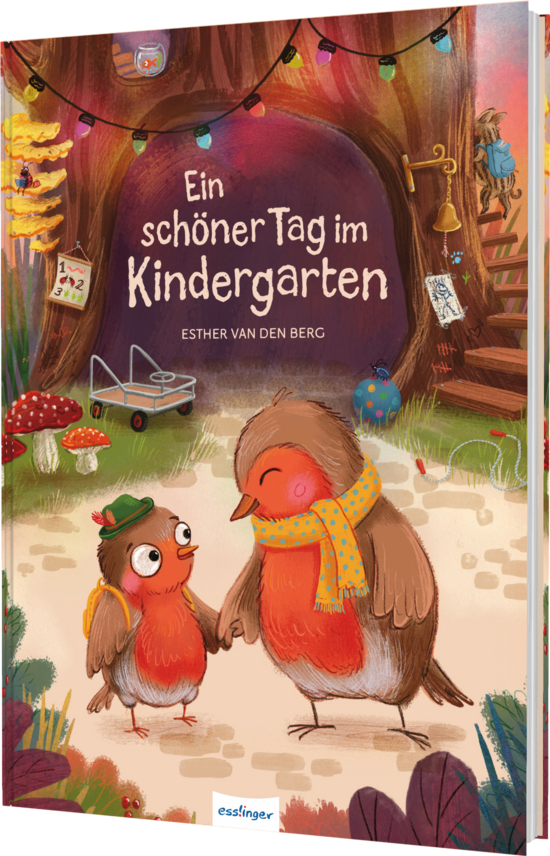 Das Buchcover zeigt zwei fröhliche Vögel vor einem kleinen Baumhaus, umgeben von bunten Lichtern und Pilzen, in warmen Farben gestaltet.