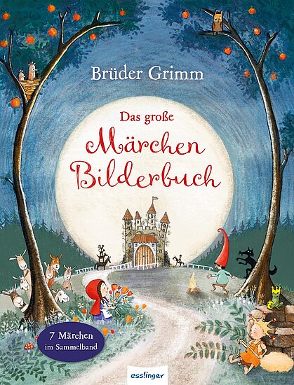 Das Buchcover zeigt eine märchenhafte Landschaft mit einem großen, hellen Mond. Eine Schloss-Silhouette und verschiedene Tiere, wie ein Reh und eine Eule, sind abgebildet.