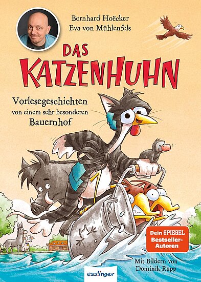 Das Buchcover zeigt ein cartoonhaftes Huhn mit einer Katze auf dem Kopf, das einen großen Eimer trägt. Im Hintergrund sind eine Scheune und ein Baum zu erkennen, und der Himmel ist in sanften Rot- und Beigetönen gestaltet.