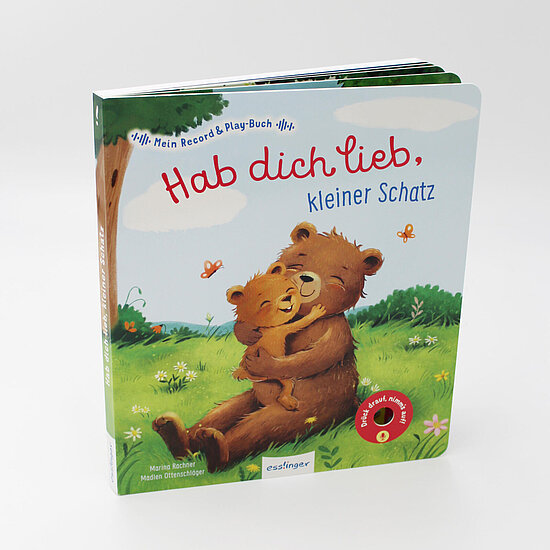 Das Buchcover zeigt zwei braune Bären, ein großer Bär umarmt ein kleines Bärchen auf grüner Wiese mit Blumen vor blauem Himmel.