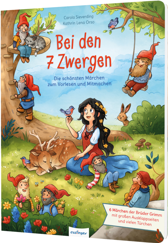 Das Buchcover zeigt eine fröhliche Szene im Wald mit sechs Zwergen in roten Mützen, einer jungen Frau mit dunklen Haaren und einem Vogel. Es sind helle Farben und eine idyllische Naturkulisse zu sehen.