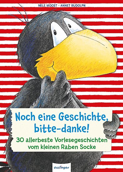 Das Buchcover zeigt einen großen, lächelnden Raben mit gelbem Schnabel auf gestreiftem roten Hintergrund. Darunter steht der Titel „Noch eine Geschichte, bitte-danke!“ in einer hellen Sprechblase.