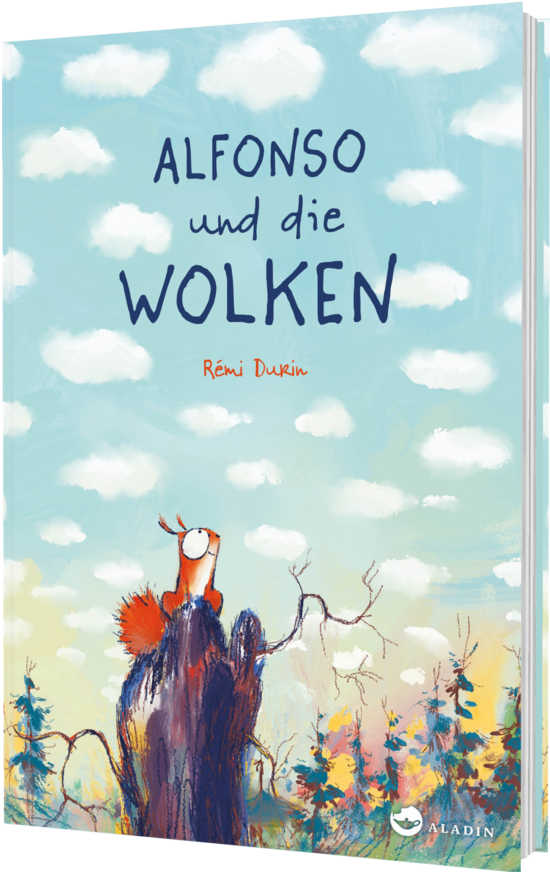 Das Buchcover zeigt einen kleinen, roten Eichhörnchen auf einem Baumstumpf unter einem hellblauen Himmel mit weißen Wolken. Der Titel „Alfonso und die Wolken“ ist in großen, verspielten Buchstaben dargestellt.