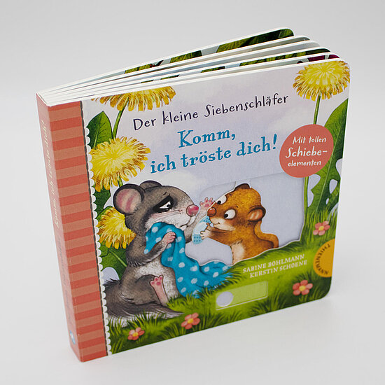 Das Buchcover zeigt … zwei kleine Siebenschläfer, einen grauen mit blauer Decke und einen braunen, umgeben von gelbem Löwenzahn auf grüner Wiese.