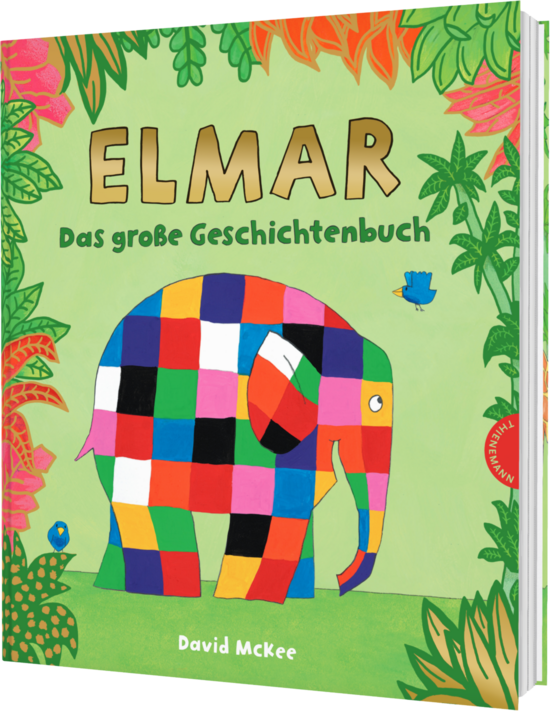 Das Buchcover zeigt den karierten Elefanten Elmar in bunten Quadraten vor hellgruenem Dschungelhintergrund mit einem kleinen blauen Vogel.