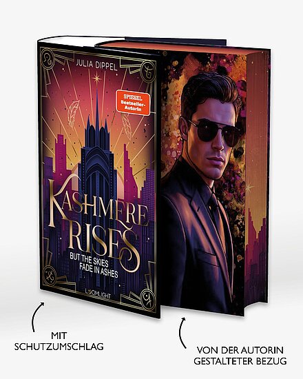 Das Buchcover zeigt eine goldviolette Art Deco Skyline und rechts einen Mann in dunklem Anzug mit Sonnenbrille vor warmem Blumenhintergrund.