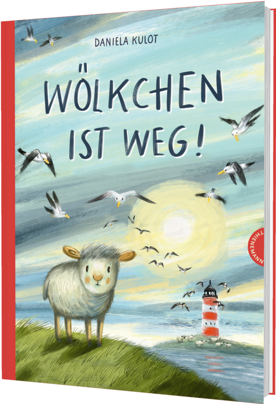 Das Buchcover zeigt ein schüchternes Schaf vor einem hellen Sonnenuntergang, umgeben von Möwen, mit einem Leuchtturm im Hintergrund. Die sanften Farben vermitteln eine freundliche, einladende Stimmung.