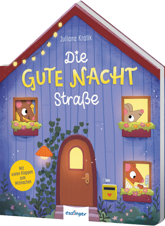 Das Buchcover zeigt ein buntes Haus mit lila Wänden und einem roten Dach. An den Fenstern sind niedliche Tierfiguren zu sehen, die zur Gute Nacht Straße einladen.