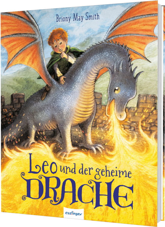 Das Buchcover zeigt einen Jungen mit rotem Haar und grünem Umhang, der auf einem lachenden blauen Drachen sitzt. Im Hintergrund sind mittelalterliche Mauern und orangefarbene Flammen zu sehen.