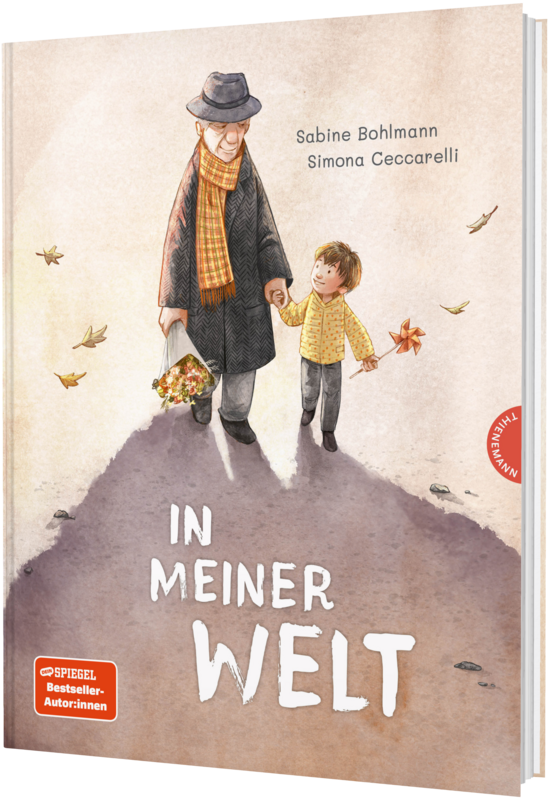 Das Buchcover zeigt einen älteren Mann mit Hut und gelbem Schal, der eine Blumenstrauß trägt und Hand in Hand mit einem lachenden Jungen in gelber Jacke geht.