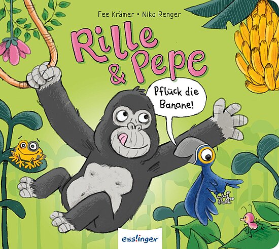 Das Buchcover zeigt einen fröhlichen Gorilla namens Rille, der an einem Ast schwingt, während der bunte Vogel Pepe daneben sitzt. Die Hintergrundfarbe ist ein lebhaftes Grün, umgeben von Pflanzen und einer Banane.