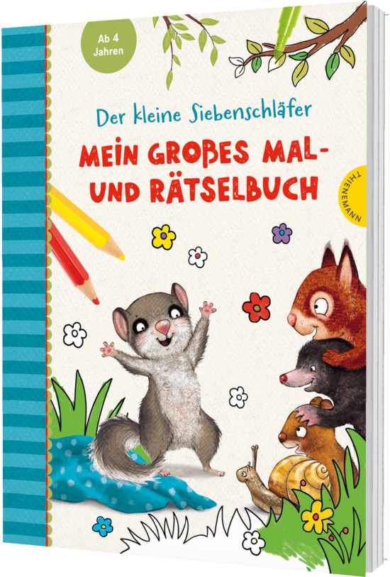 Das Buchcover zeigt … einen fröhlichen Siebenschläfer in der Mitte, bunte Buntstifte links, Blumen und Gras unten und drei Tierfreunde rechts.