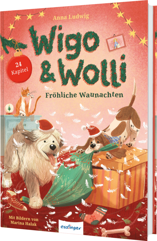 Das Buchcover zeigt … zwei fröhliche Hunde, die grünes Geschenkpapier zerreißen, eine Katze auf einem Tisch und Federn vor rosarotem Hintergrund.