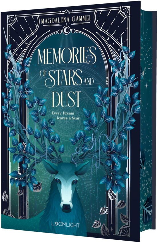 Das Buchcover zeigt einen Hirschkopf in Blaugruen vor dunklem, sternenfunkelndem Hintergrund, umgeben von blaugruenen Blaettern und Ornamenten.