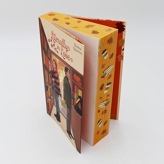 Das Buchcover zeigt zwei Personen in einer Buchhandlung vor Regalen, eine rothaarige Frau gestreift und einen dunkelhaarigen Mann, warme Herbstfarben.