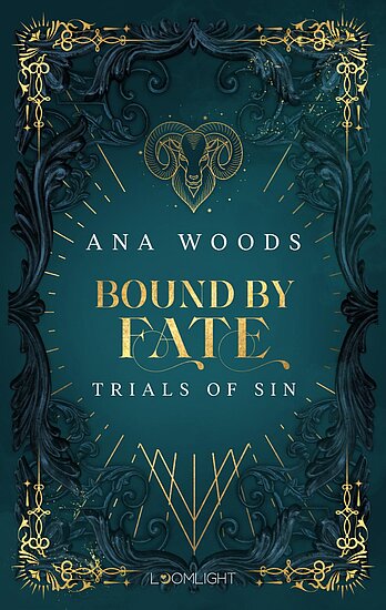 Das Buchcover zeigt einen tiefblauen Hintergrund mit goldenen Verzierungen und einem Ziegenkopf-Symbol. Der Titel „Bound by Fate“ ist in eleganter Schriftart hervorgehoben.