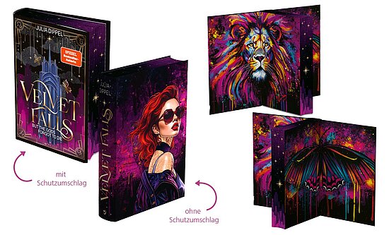 Das Buchcover zeigt eine stilisierte Frau mit rotem Haar und Sonnenbrille vor einem bunten, mystischen Hintergrund. Ein majestätischer Löwe und ein Regenschirm sind ebenfalls sichtbar.