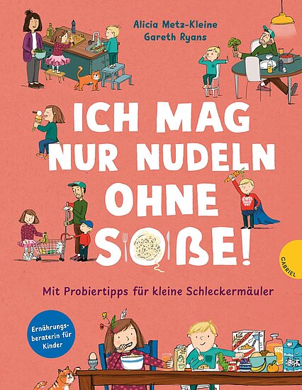 Das Buchcover zeigt eine bunte Illustration mit Kindern, die verschiedene Lebensmittel entdecken. Im Vordergrund steht ein Teller mit Nudeln, umgeben von fröhlichen Szenen in der Küche.