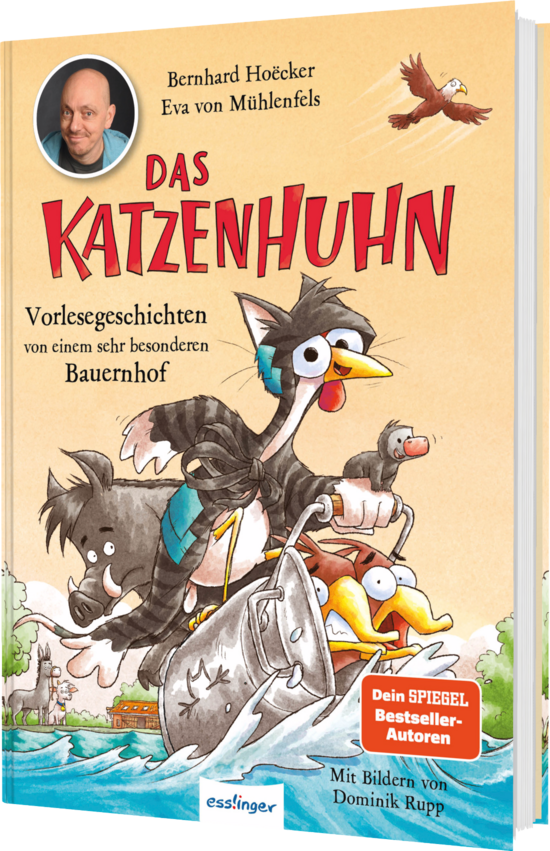 Das Buchcover zeigt ein lustiges Katzenhuhn mit bunten Federn, das einem kleinen Jungen und weiteren Tieren auf einem Bauernhof begegnet. Die Farben sind lebhaft und einladend.