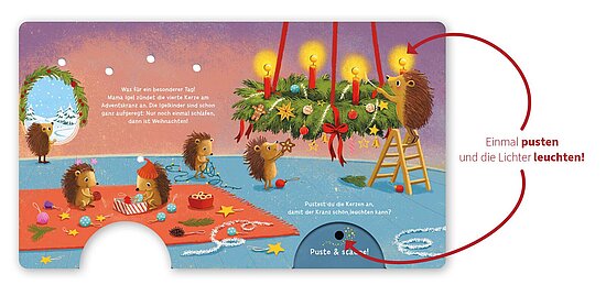 Das Buchcover zeigt ... kleine Igel, die in einer rosa bis violetten Stube rote Deko und einen grünen Adventskranz mit Kerzen schmücken.