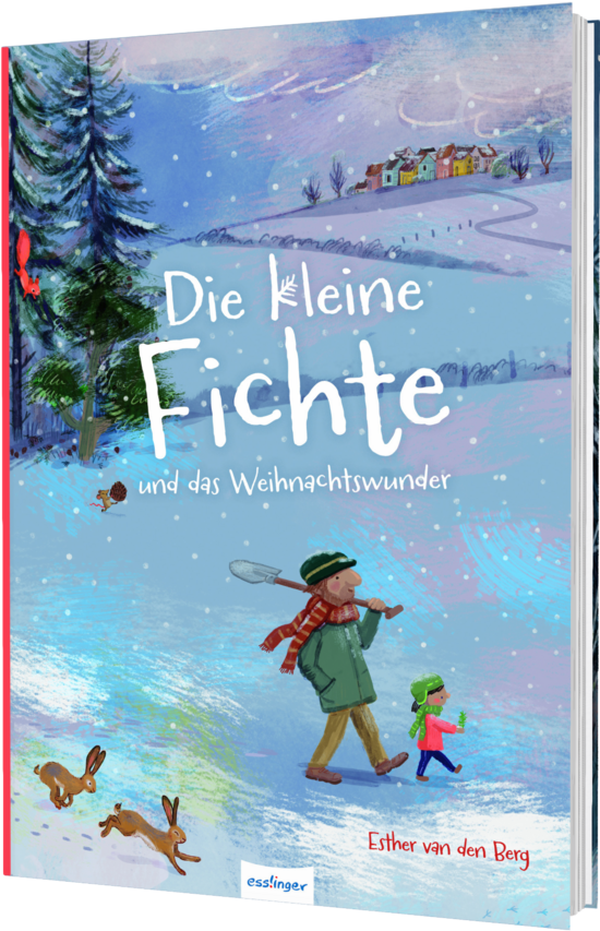 Das Buchcover zeigt eine verschneite Winterlandschaft mit der kleinen Fichte und einem Mann in warmer Kleidung, umgeben von Tieren. Im Hintergrund sind bunte Häuser und schneebedeckte Hügel zu erkennen.