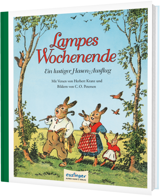 Das Buchcover zeigt drei anthropomorphe Hasen in Kleidung beim Spaziergang auf einer Wiese vor blauem Himmel mit Bäumen und singenden Vögeln.