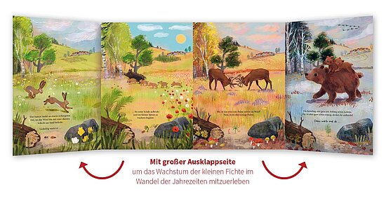 Das Buchcover zeigt … vier Jahreszeiten in warmen Grün, Gelb, Rot und Blau mit einer wachsenden Fichte, Hasen, Rehen und Bären.