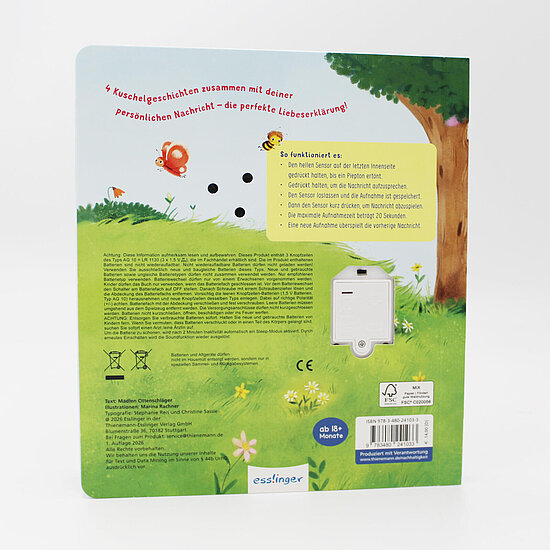 Das Buchcover zeigt hellblauen Himmel über grüner Wiese, rechts einen Baum, oben ein rotes Eichhörnchen, gelbes Feld, schwarze Löcher und weißes Fach.