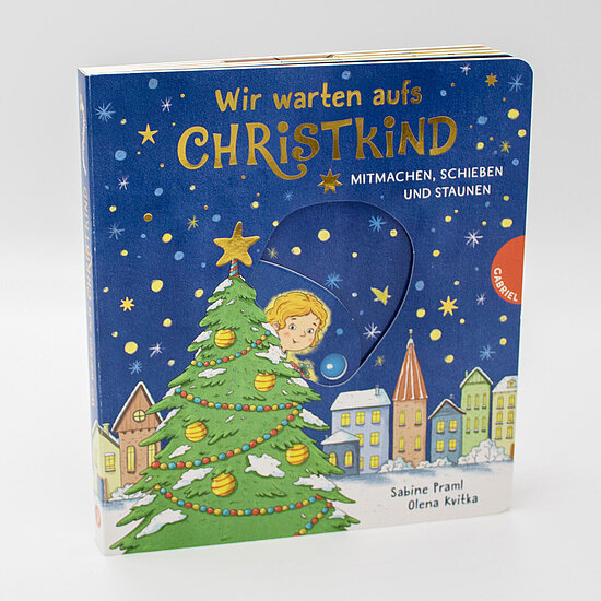 Das Buchcover zeigt blauen Sternenhimmel, grünen geschmückten Weihnachtsbaum, ein rundes Schiebefenster mit einem Kind und bunte Häuser im Schnee.