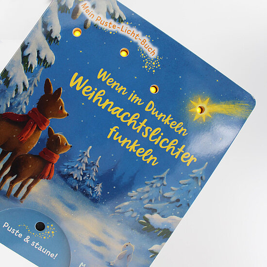 Das Buchcover zeigt … zwei Rehe mit roten Schals in einem schneebedeckten blauen Winterwald und einen hellen Kometenstern am Himmel.
