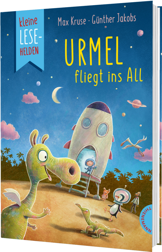 Das Buchcover zeigt einen bunten Nachthimmel mit einem Raumschiff, einem freundlichen Dinosaurier namens Urmel und weiteren kleinen Kreaturen. Die dominierenden Farben sind Blau und Grün, mit hellen Sternen und einem leuchtenden Raumschiff.