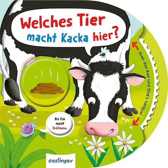 Das Buchcover zeigt eine fröhliche schwarz-weiße Kuh mit großen Augen, die in einer bunten Wiese steht. Um sie herum sind Blumen und ein Hinweis auf das Kacka-Rätsel in der Mitte.