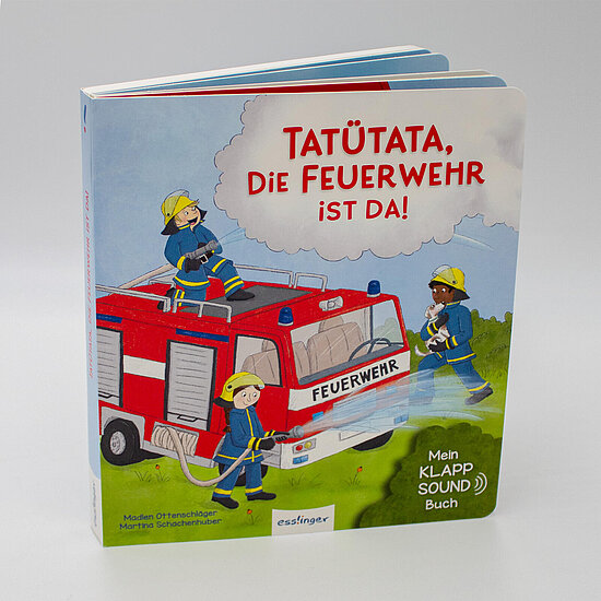 Das Buchcover zeigt drei Feuerwehrleute in gelben Helmen an einem roten Feuerwehrauto, das Wasser spritzt vor blauem Himmel und gruenem Gras.
