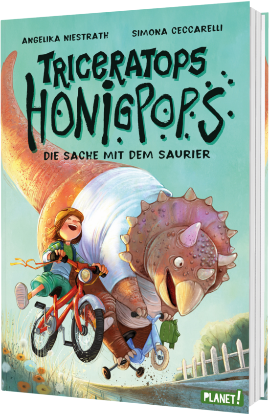 Das Buchcover zeigt einen Jungen und ein Mädchen auf Fahrrädern, während ein freundlicher Triceratops hinter ihnen herläuft. Die Farben sind hell und lebhaft, mit einem klaren blauen Himmel und einem grünen Hintergrund.