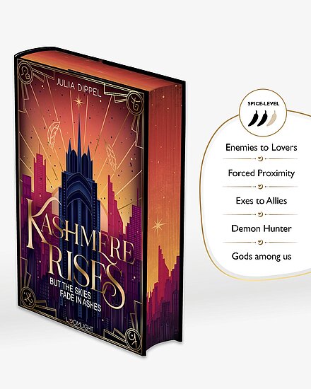 Das Buchcover zeigt einen hohen Turm vor orange-violettem Himmel, eine dunkle Stadtsilhouette, funkelnde Sterne und goldene Ornamente.