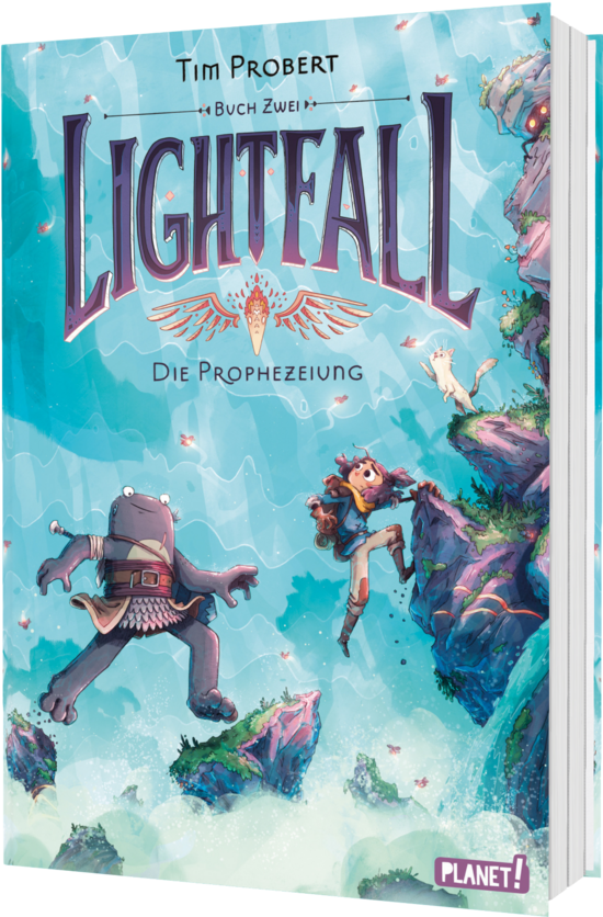 Das Buchcover zeigt einen Jungen und einen Bären in einem fantastischen, hellblauen Landschaftsbild. Der Junge trägt ein rotes Outfit, während der Bär mit Rüstung und Schwert kämpferisch aussieht.