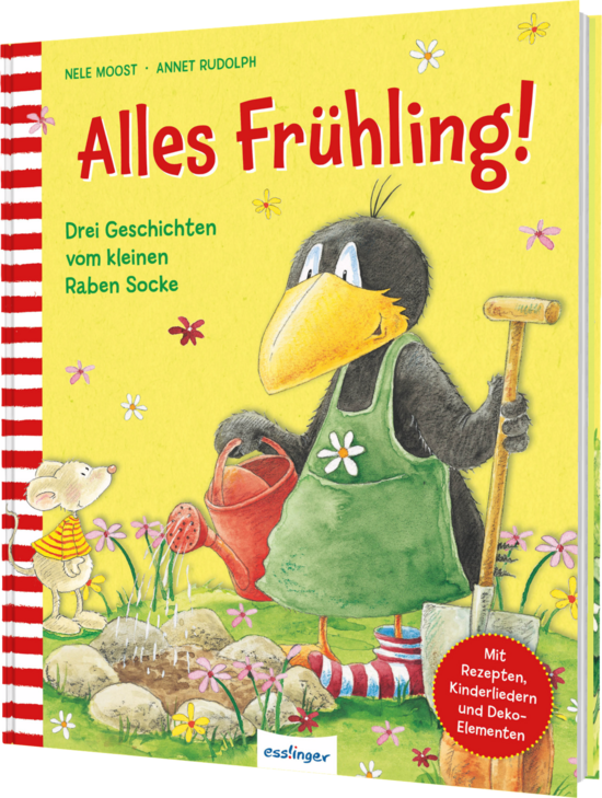 Das Buchcover zeigt einen kleinen Raben mit einem gelben Schnabel und einer grünen Schürze, der in einem bunten Garten arbeitet. Um ihn herum sind Blumen und ein kleiner Maulwurf zu sehen, während im Hintergrund bunte Gießkanne und Schaufel liegen.