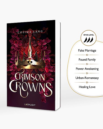 Das Buchcover zeigt … eine goldene Krone mit Totenschädel vor dunklem Purpurhintergrund, umgeben von tiefroten Blumen und goldenen Akzenten.